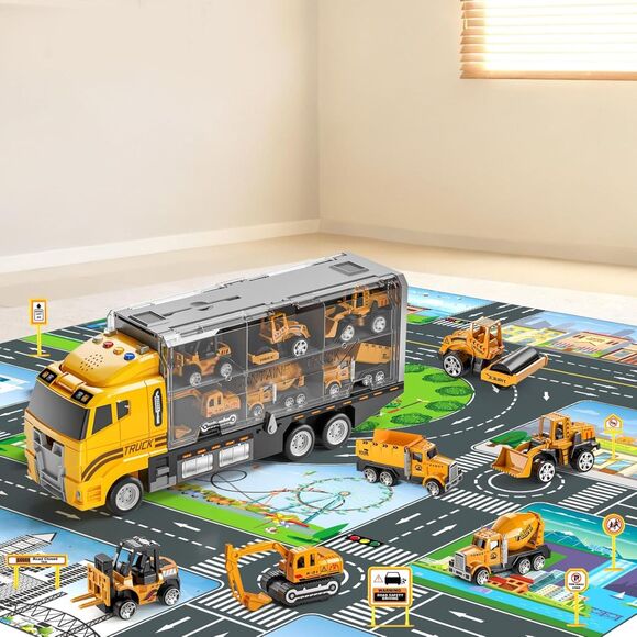 Toddler Boys Construction Truck Toy with Play Mat Die-Cast Car Transport Truck - Picture 2 of 4